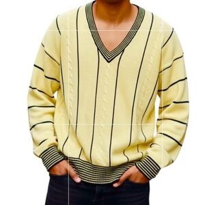 Aureus Vintage Sweater knit Cable Yellow Black Myrtle West V-Neck Golf Men's XL